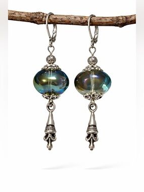 Iridescent Czech Glass Earrings • Silver Boho Dangle